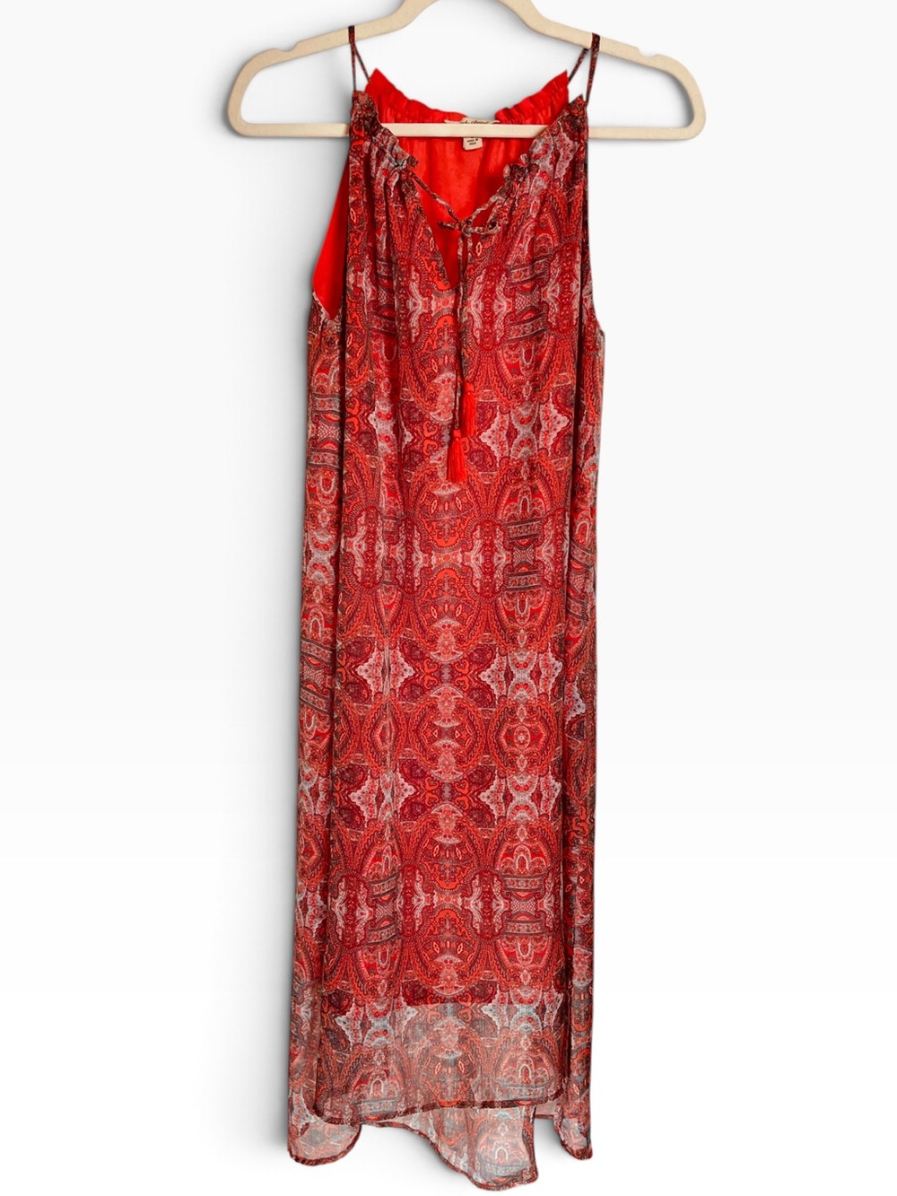 Lucky Brand Coral Red Paisley High Low Halter Dress S Boho Tassel Keyhole Chiffo